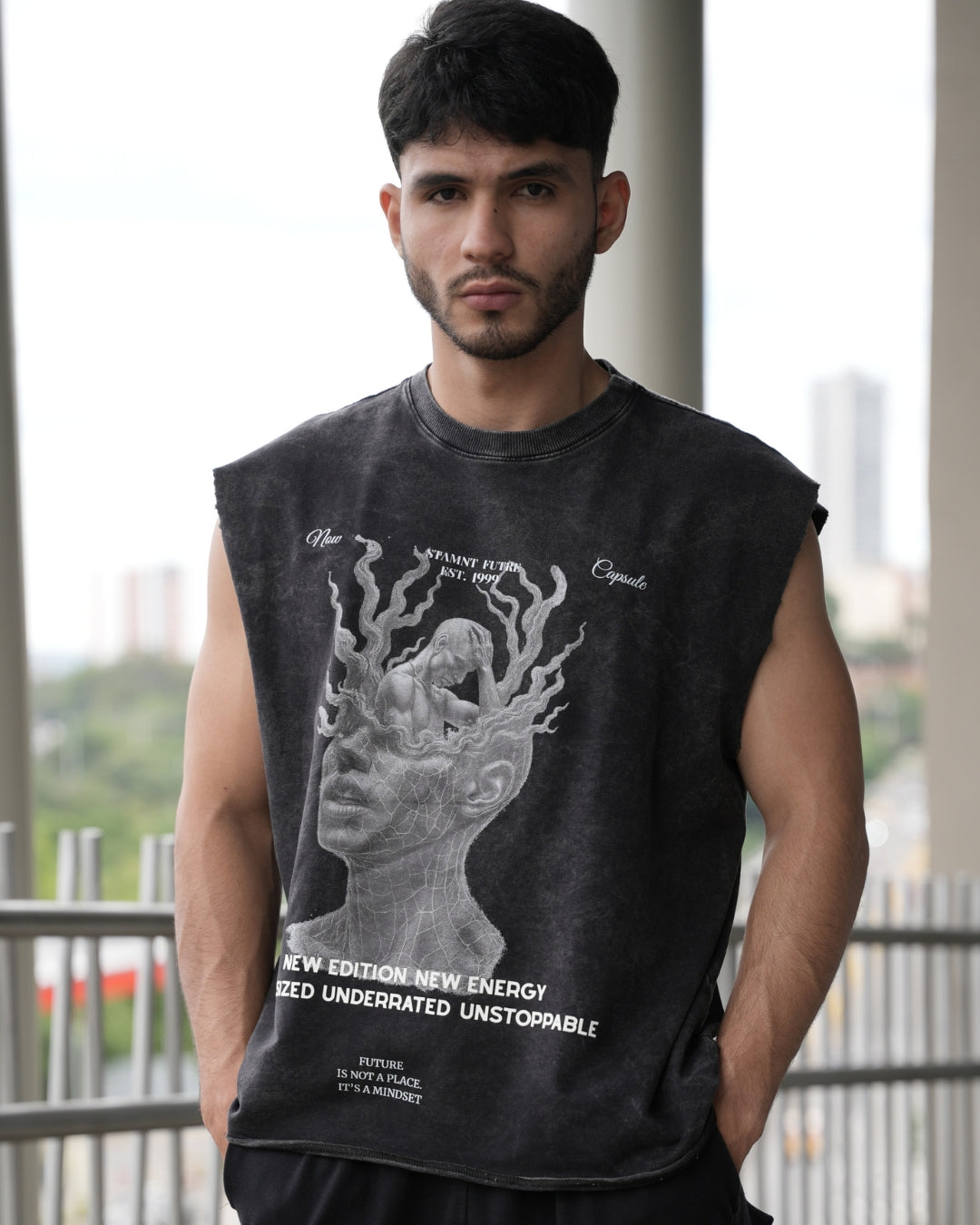 NEW EDITION ACID WASH SLEEVELESS T-SHIRT BLACK MAN