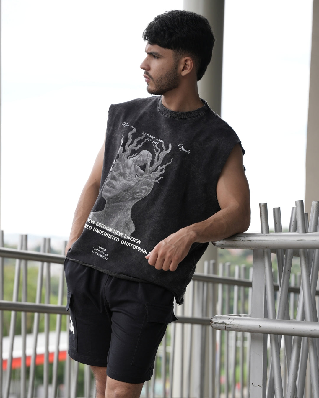 NEW EDITION ACID WASH SLEEVELESS T-SHIRT BLACK MAN